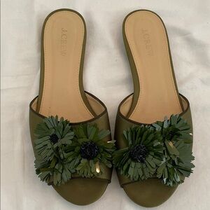 J. Crew Green Mules with Floral Embellishment